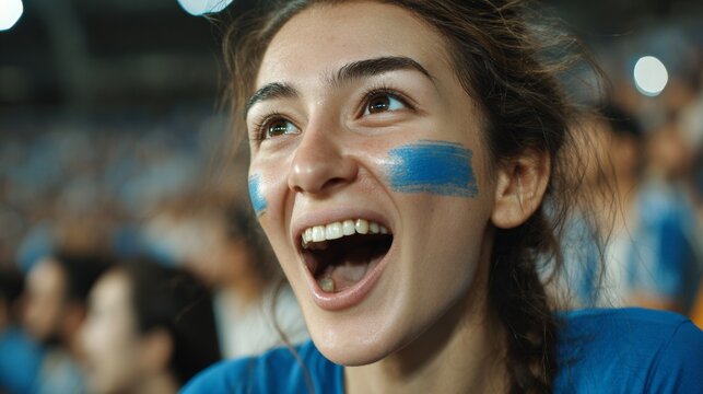 Euphoric woman in a football stadium with her face painted with the colors of the Uzbek flag, cheering and supporting her team.