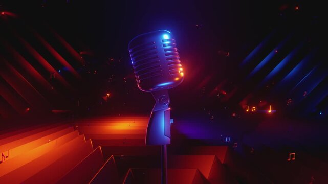 4K seamless VJ loop with glowing microphone and floating music notes for karaoke bars, VJ sets, high-tech club visuals, electronic music festivals, stage screens and for LED video walls