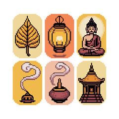 Naklejka premium Buddha Day Pixel Art Icons – 8-bit Retro Style, Lotus, Lantern, Meditation Symbols 