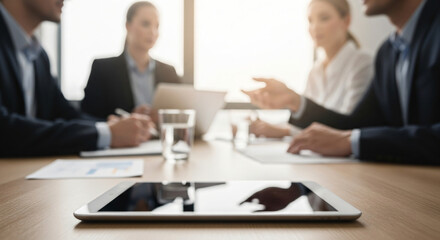 Obraz premium Tablet Device On Meeting Table with Blurred Business Team, Business Meeting In Progress, Collaborative Energy in a modern office in a business environment