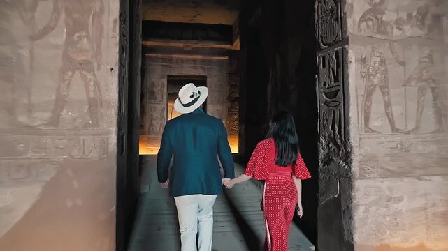american young man traveler wearing white hat with his wife with red dress exploring ancient Egyptian abu simble temple with background of ramsses ii statues. Egypt.
