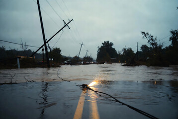 Naklejka premium A flooded road in a rural area after a storm, with downed power lines and water reflecting light.