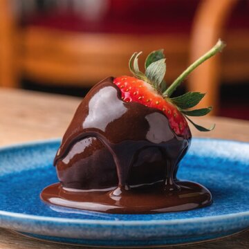 Elegant chocolate cake with floral decoration on a decorative plate
