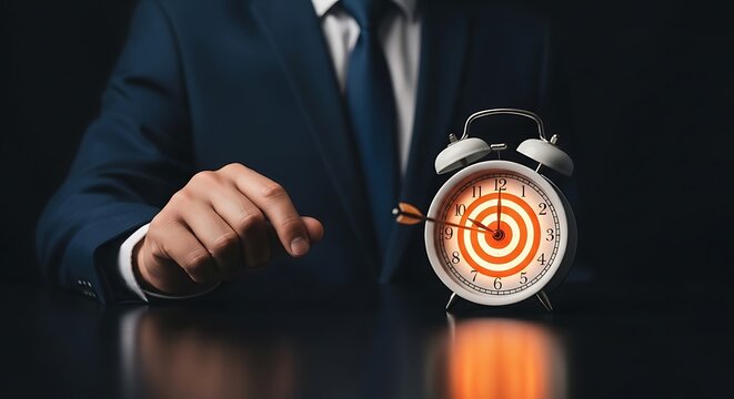 Businessman pointing at alarm clock with target, symbolizing time management and business goals.