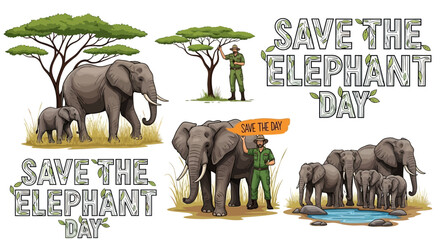A vector illustration featuring African and Asian elephant families with a wildlife conservationist standing near trees to promote Save the Elephant Day against a white background © parman