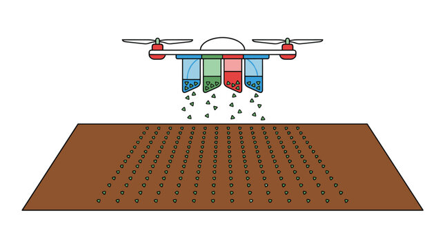 A sleek white agricultural drone releases precise seeds from four distinct colored hoppers into perfectly aligned rows of dark brown soil in a field.