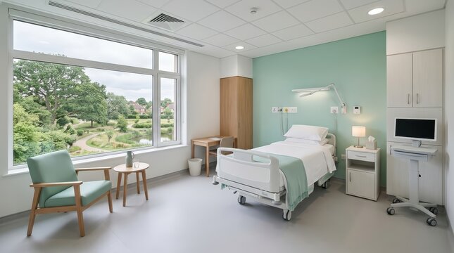 Modern and exclusive hospital room interior design featuring serene window view and bright natural daylight overlooking lush wooden landscape.