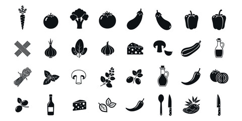 Obraz premium Mediterranean Cooking and Ingredient Icon Set: Black Silhouette Vector Collection of Vegetables, Cheese, Olive Oil, Herbs, and Kitchen Tools for Healthy Recipe Branding and Menu Design
