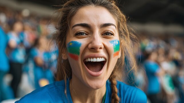 Euphoric woman in a football stadium with her face painted with the colors of the Uzbek flag, cheering and supporting her team.