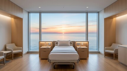 Fototapeta premium Modern interior design of exclusive hospital room bedroom with serene wooden view and golden hour sunlight streaming through window.