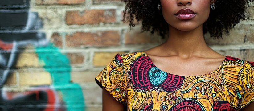 Stylish Black Woman in Vibrant African Print Dress Against Urban Graffiti Brick Wall