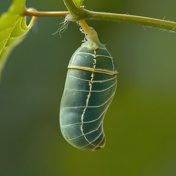 Ultra Close-Up of Jade Green Monarch Butterfly Chrysalis with Gold Lines Hanging from Stem