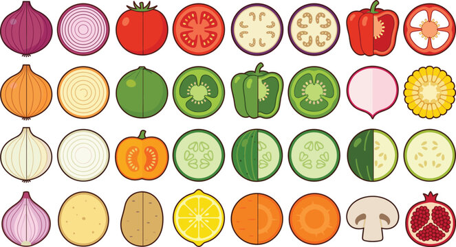 Fresh Fruits and Vegetables Slice Vector Icon Collection with Colorful Flat Food Illustrations for Healthy Eating, Organic Products, Cooking, and Grocery Design