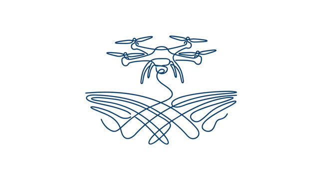 A sleek quadcopter drone hovers gracefully above stylized flowing field furrows in a minimalist blue line art composition against a pristine white backdrop.