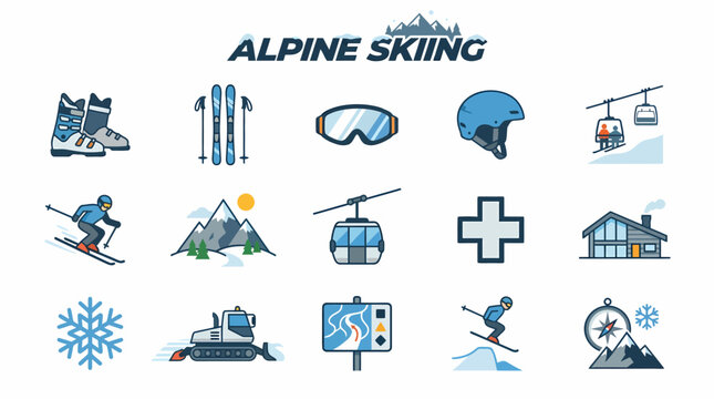 Alpine Skiing Icons Set: Snowboarding, Skiing, Equipment, Resort