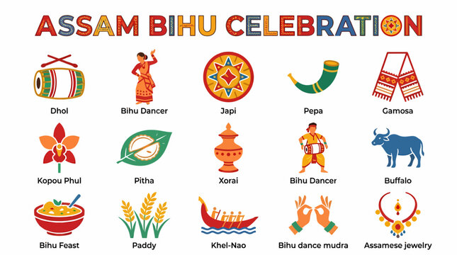 Assam Bihu Celebration Icons Vector Set