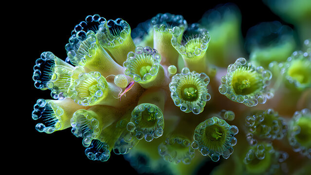 Ultra Macro of Fluorescent Green Coral Polyps with Translucent Tentacles Feeding on Black Background