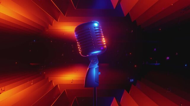 4K seamless VJ loop with glowing microphone and floating music notes for karaoke bars, VJ sets, high-tech club visuals, electronic music festivals, stage screens and for LED video walls