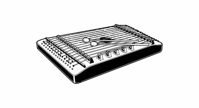 Black and white line art of a dulcimer with mallets on a white background