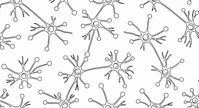 A pattern of stylized neuron cells connected by thin lines on a white background
