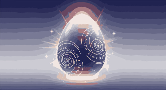 Glowing cosmic egg adorned with arcane symbols, shimmering in ethereal light