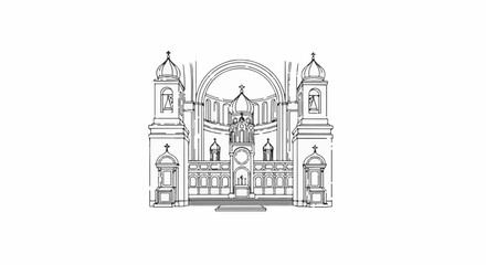 Fototapeta premium Stylized line art drawing of a grand church facade with domes and towers