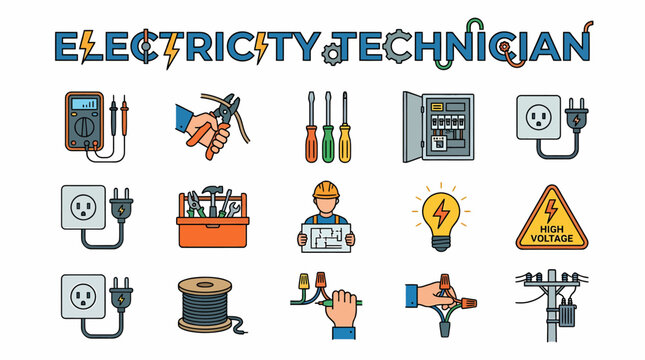 Electricity Technician Icons Set - Electrical Work and Tools