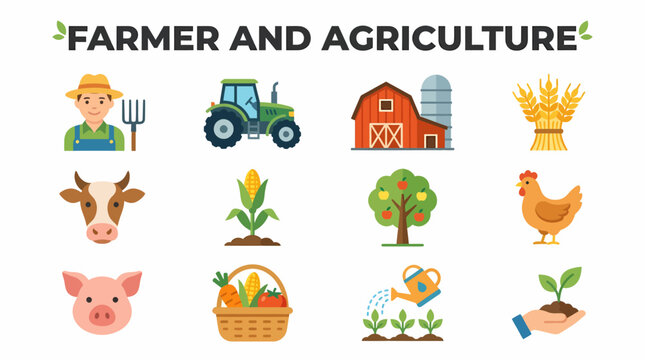 Farmer, Tractor, Barn & Farm Animals Icons - Agriculture Concept