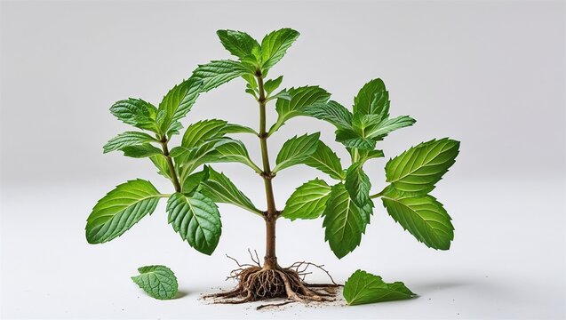 Mint plant with square stem, serrated green leaves and clean root base on white background