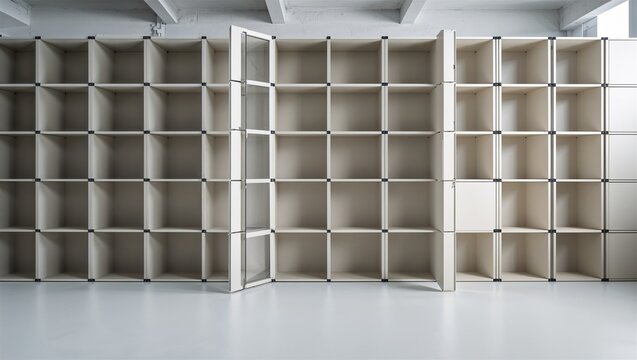 Modular storage unit block clean and solid, doorless, cube-shaped, placed on white