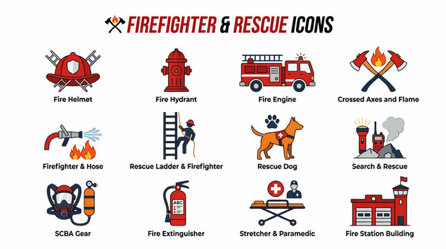 Firefighter & Rescue Icons Set - Safety and Emergency Equipment