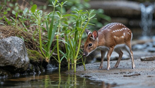 Mouse deer nibbling plant shoots beside backyard streamlet