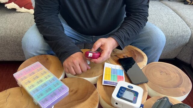 Hombre haci&eacute;ndose prueba de glucosa y consultando tabla de resultados