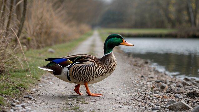 Muscovy duck waddling across gravel path toward small pond