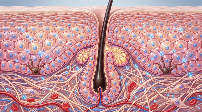 Cross section of human skin showing hair follicle epidermis dermis sweat gland sebaceous gland nerve endings and blood vessels highlighting cellular pore level detail