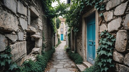 Fototapeta premium Narrow stone street in old European village with blue doors and green ivy on walls