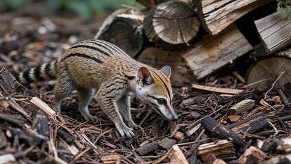 Fototapeta premium Striped banded mongoose walking on wood chip ground near stacked firewood in natural enclosure 