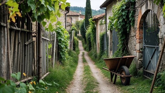 Narrow dirt path winding through an old village lane with ivy covered stone walls