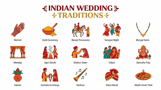 Indian Wedding Traditions and Rituals Icons Set