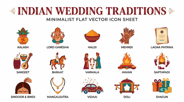 Indian Wedding Traditions Vector Icons - Flat Design
