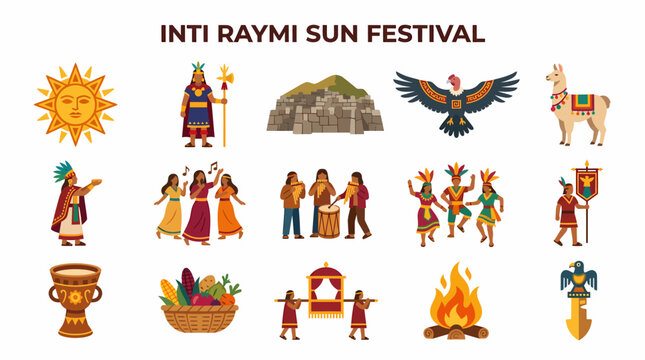 Inti Raymi Sun Festival Peruvian Culture Celebration Vector Icons