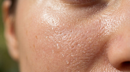 Fototapeta premium Oily skin, large pores, and visible shine on cheek with natural texture and healthy glow, close up of face showing detailed skin surface and radiance