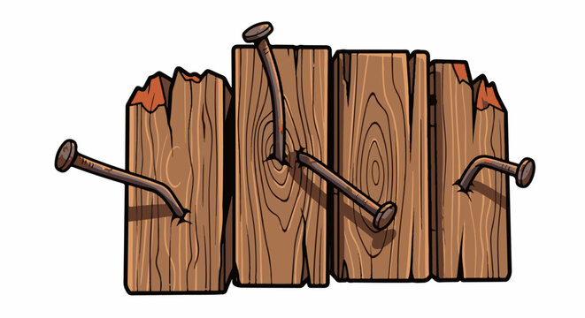 Rough wooden planks with rusty nails protruding, some damaged