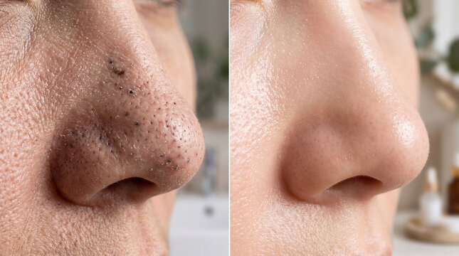 Clear skin nose pore blackhead before and after skincare facial smooth healthy closeup glow radiance improvement