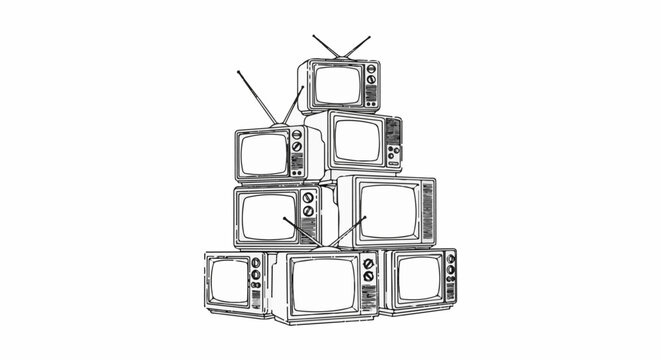Stack of vintage televisions with antennas reaching upwards