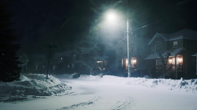 Dramatic night view powerful blizzard in Beechville near Halifax.Strong winds drive heavy snow across street,forming deep snowdrifts that bury roads and sidewalks, streetlights barely visible storm 