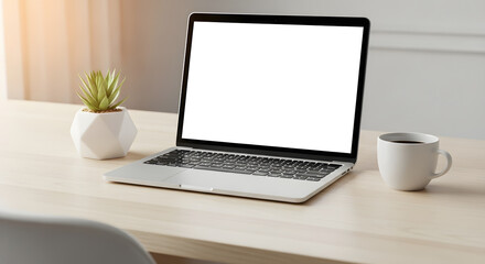 Fototapeta premium A modern workspace with a laptop, plant, and coffee cup on a clean desk