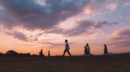 Fototapeta premium Silhouettes of people walking across a vast open field under a dramatic colorful sunset sky