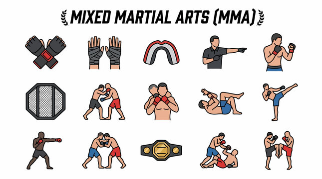 Mixed Martial Arts (MMA) Icons: Fighters, Gear, and Combat Actions