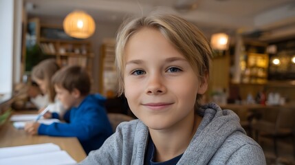 Obraz premium A young student smiles warmly in a cozy cafu00e9 while peers study and work together in the background